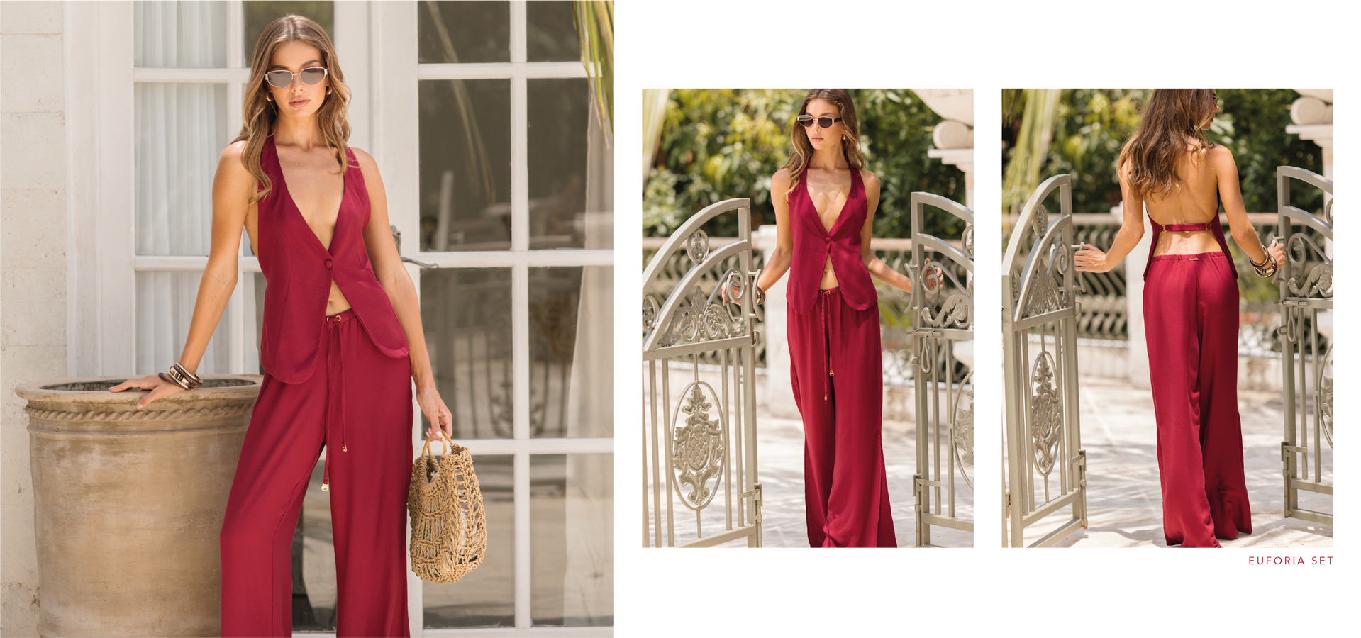 Lightweight pants and an adjustable vest-style top in deep wine red from the new Euforia collection – almaMia